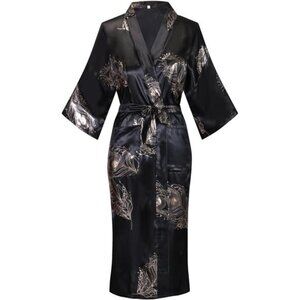 Women Long Silky Bathrobe Satin Kimono Robe Floral Printed Dressing